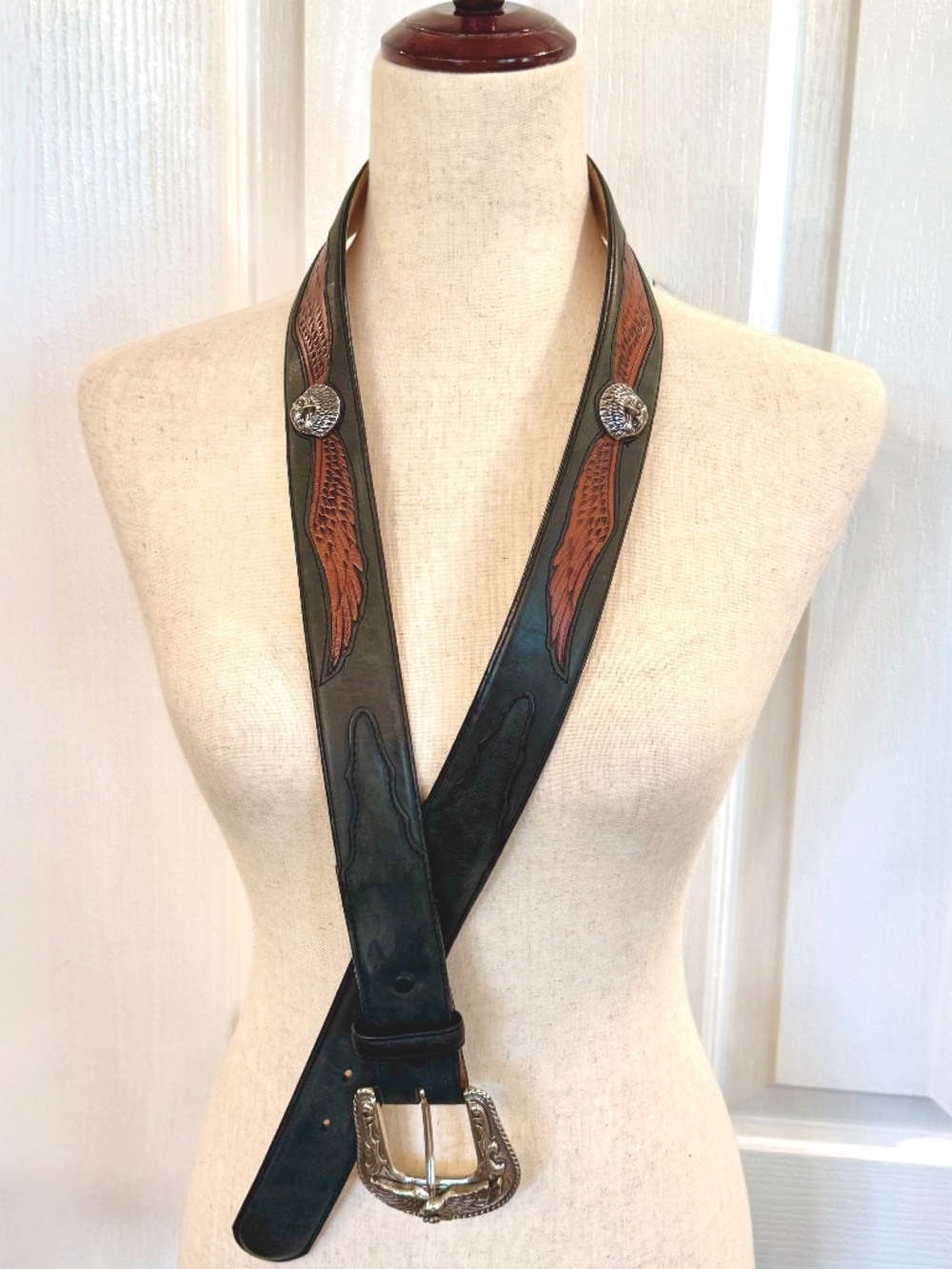 Vintage Silver Creek Classics Hand Tooled Black Leather Eagle Belt, Size 40
